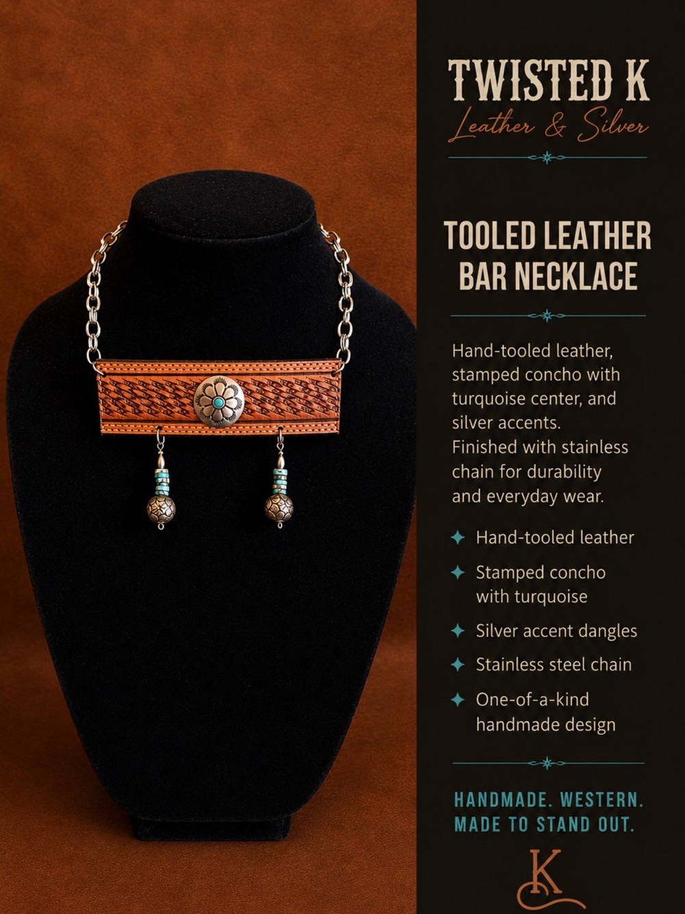 Twisted K Tooled Leather Necklace with Turquoise Accents - Brown